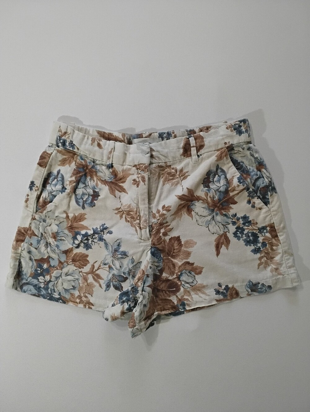 Abercrombie & Fitch Linen Blend High Rise Shorts Womens Medium Beige Blue Floral